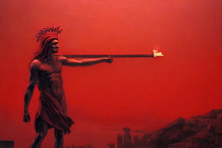 Image similar to only with red, a red melted apollo with a laurel wreath and a flaming sword announce the win, athens in the background, in the style of beksinski, part by hopper, part by rodcenko, part by hofbauer, intricate composition, red by caravaggio, insanely quality, highly detailed, masterpiece, red light, artstation