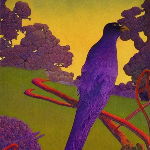 Prompt: by n. c. wyeth psychedelic purple monumental, incredible. a beautiful conceptual art of a bird in its natural habitat. the bird is shown in great detail, with its colorful plumage & intricate patterns. the background is a simple but detailed landscape, with trees, bushes, & a river.