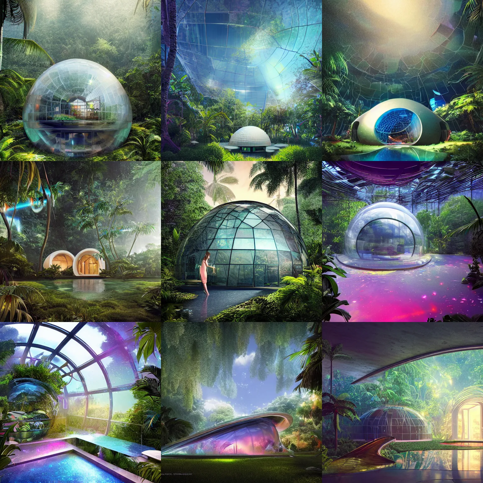 Prompt: beautiful domed sci-fi house made of shattered glass in a tropical rainforest, architectural render, futuresynth, chillwave, by Gabriel Dawe, by Skottie Young, by Jessica Rossier, metallic architecture, blender 3D, by moebius, night, (mist), lights, cyberpunk, trending on artstation