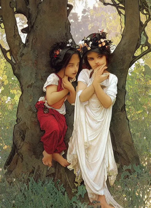 Prompt: two children mischievously peeking out from behind a tree, beautiful painting by artgerm and greg rutkowski and alphonse mucha
