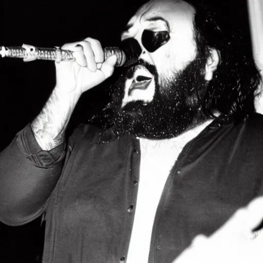 Image similar to luciano pavarotti as lead singer of the black metal band called darkthrone.