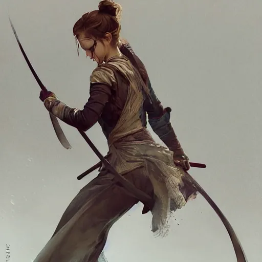 Image similar to portait of a emma watson swinging her katana, front game card, drark, marvel comics, dark, intricate, highly detailed, smooth, artstation, digital illustration by ruan jia and mandy jurgens and artgerm and wayne barlowe and greg rutkowski and zdislav beksinski