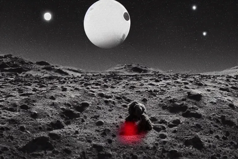 Prompt: a parti poodle with black and white fur laying down on mars. distant background, red lighting, digital art, acrylic, colorful, ominous, bleak, moonlight, bokeh, depth of field, synthwave, psychedelic, glitch, acrylic, flooko, detailed, cybernetic, sci-fi, glows,