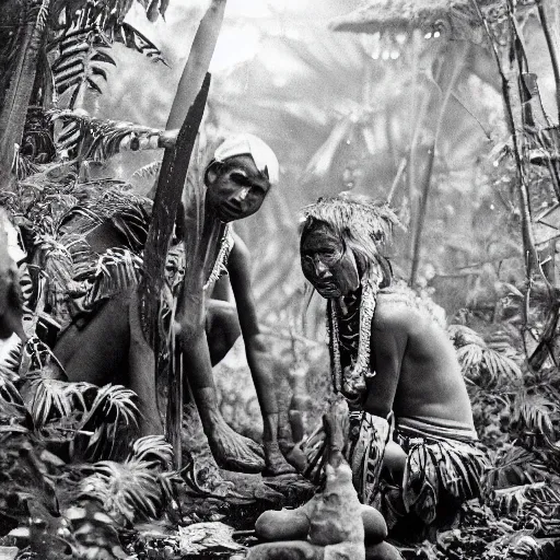 Prompt: aerial realistic expired fuji film photograph of india tribe in jungle with strange creatures