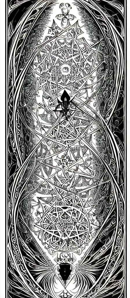 Prompt: a beautiful fractal tarot card featuring bold occult imagery with clean lines. skullpunk demon. dimension. haeckel fish. detailed adult coloring book