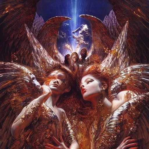 Prompt: thousands of angels on their knees worshiping a light, shining lights, god rays by by Karol Bak, Ayami Kojima, Amano and Olivier Ledroit