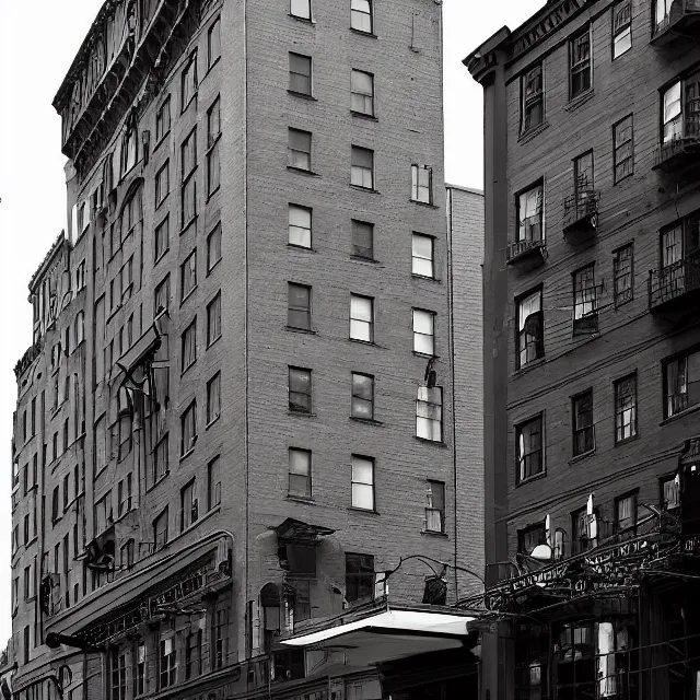 Image similar to a gothic 1 9 2 0 s 1 0 - storey hotel in downtown boston overlooking a dark street