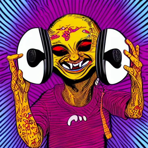 Image similar to artgerm, psychedelic laughing demon, rocking out, headphones dj rave, digital artwork, r. crumb, svg vector