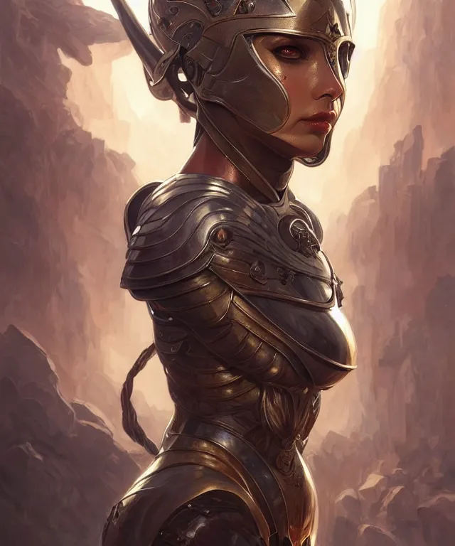 Image similar to Muscular and powerful medieval knight woman portrait, sci-fi, amber eyes, face, long hair, fantasy, intricate, elegant, highly detailed, digital painting, artstation, concept art, smooth, sharp focus, illustration, art by artgerm and greg rutkowski and alphonse mucha