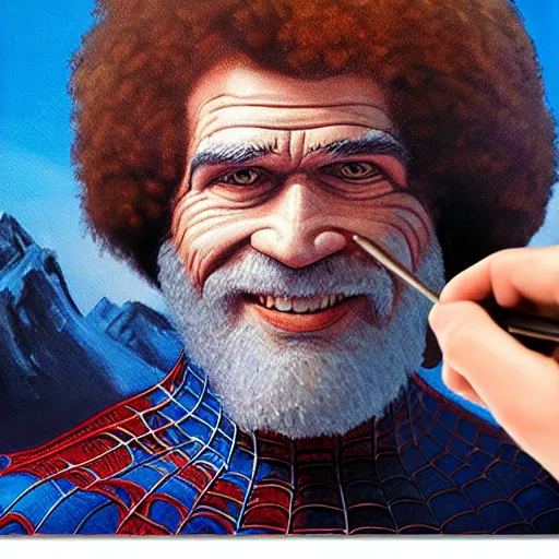 Image similar to a closeup photorealistic photograph of bob ross working on a canvas painting of spiderman. film still. brightly lit scene. mountains and trees. this 4 k hd image is trending on artstation, featured on behance, well - rendered, extra crisp, features intricate detail, epic composition and the style of unreal engine.