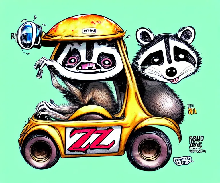 Image similar to cute and funny, racoon wearing a helmet riding in a tiny rob zombie dragula with oversized engine, ratfink style by ed roth, centered award winning watercolor pen illustration, isometric illustration by chihiro iwasaki, edited by range murata