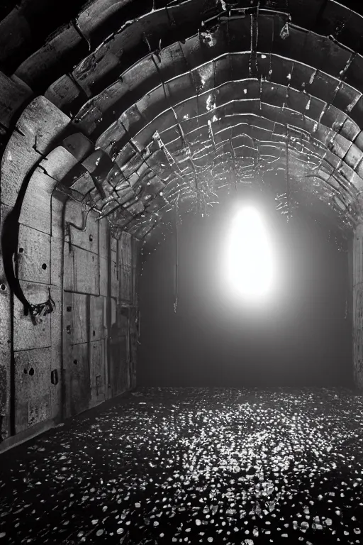 Prompt: desaturated HEAVENLY interior made of salvaged industrial materials in abandoned basement, CARDBOARD TUNNELS painted glossy black, glittering bursts of LED light and lens flares, ASYMMETRICAL irregular brutalist blackmetal spiraling jagged WINGED sculptures made of glossy black liquid latex and industrial hardware, designed by nancy grossman and anish kapoor, directed by gaspar noe, 8k, photorealistic, shallow depth of field, highly textured and hyperdetailed, 8mm fisheye lens, dutch angle