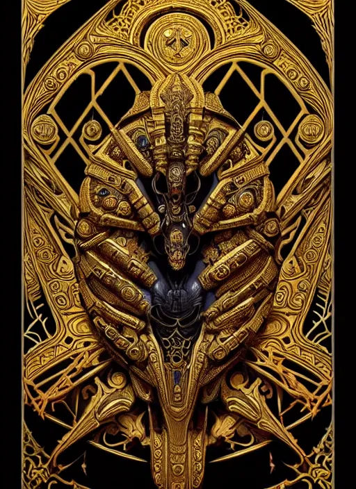 Image similar to sacred sarcophagus, ornate art nouveau scarabs, black and gold palette, symmetry, fantasy, intricate, elegant, highly detailed, colorful, dark colors, dramatic shadow, digital painting, artstation, concept art, art by artgerm and greg rutkowski and ruan jia,