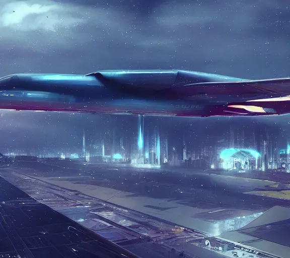 Image similar to futuristic sci fi jet lands at runway of cyberpunk city, night photo ,dark cinematic lighting , digital concept art