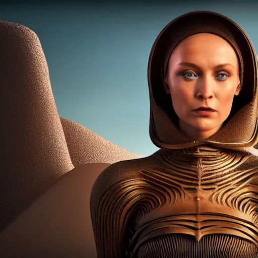 Image similar to dune movie inspired avant-garde art, deco fashion, highly detailed, photorealistic portrait, bright studio setting, studio lighting, crisp quality and light reflections, unreal engine 5 quality render