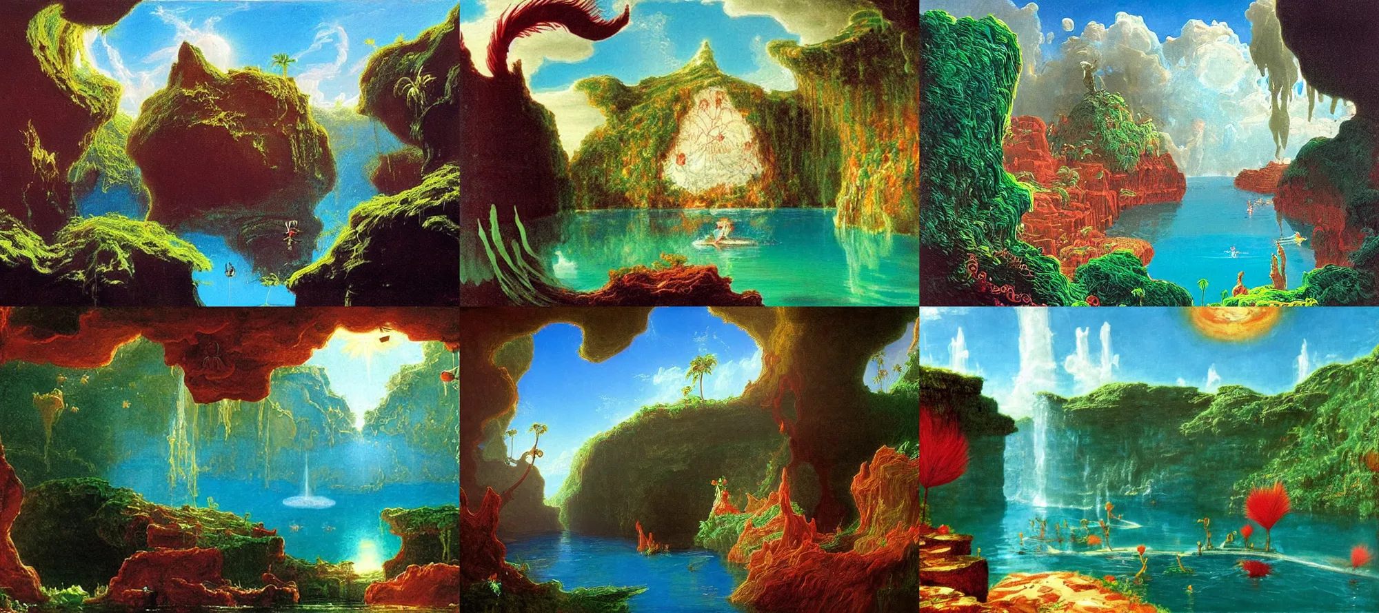 Prompt: ik kil cenote in the style of dr. seuss, starships, painting by thomas cole