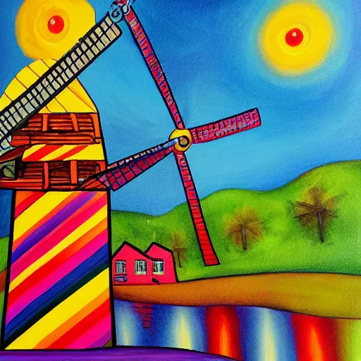 Prompt: bosch painting of a windmill using lisa frank colors