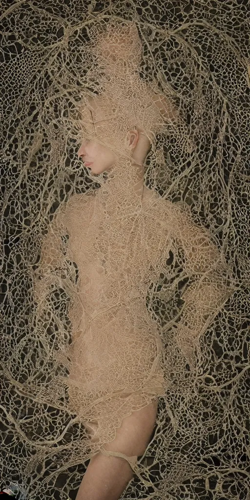 Image similar to a woman entwined in a coral reef, made of intricate decorative lace leaf skeleton, in the style of the dutch masters and gregory crewdson, dark and moody