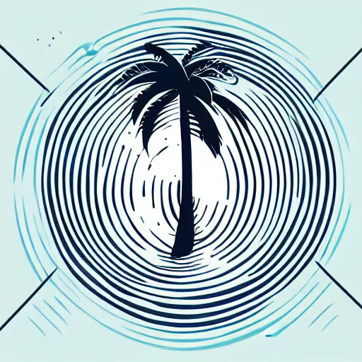 Image similar to waves in bottom front of a palm tree in front of a giant stylized volleyball vector logo, professional sports style, flat colour, svg, professional, sharp edges