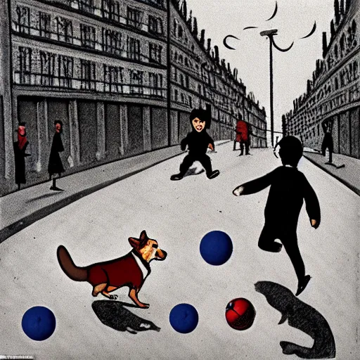 Image similar to book illustration of a french boy on the streets of paris playing football against a corgi, the dog is wearing a polka dot scarf, 1 9 6 6