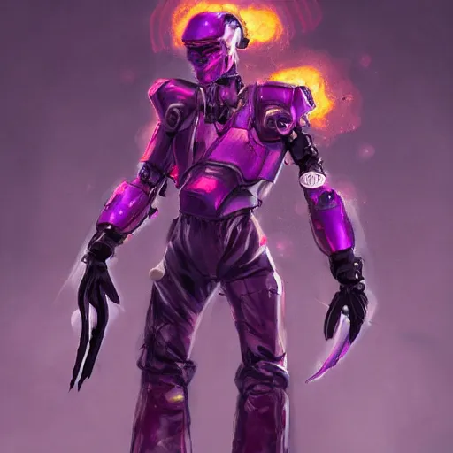 Prompt: Character design sketch with body made of Purple Lava and fire, mecha humanoid with cyberpunk bomber jacket, fashion & Costume design by damascuss apparel, concept art character, royalty, smooth, sharp focus, organic, deep shadows by Heri Irawan, hyperrealistic oil painting, 4k, studio lightning