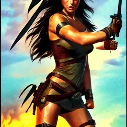 Image similar to Gal Gadot as Tomb Raider. Moody light. Girl power. Movie poster art. Boris Vallejo