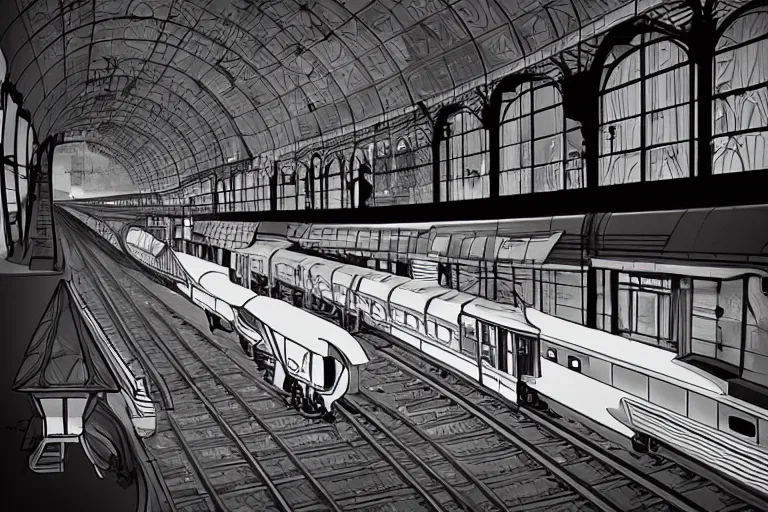 Image similar to “an Art Deco steam train in a train station being boarded by robots, photorealistic, highly details”