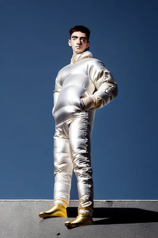 Image similar to un ultra high definition studio quality photographic art portrait of a young man standing on the rooftop of a british apartment building wearing soft baggy inflatable padded silver iridescent pearlescent clothing. three point light. extremely detailed. golden ratio, ray tracing, volumetric light, shallow depth of field. set dressed.