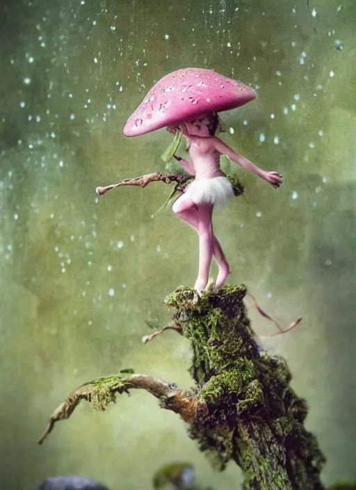 Image similar to A tiny female tree sprite with a tattered pink tutu, mushroom umbrella, moss, dewdrops, watercolor, dramatic lighting, cinematic, establishing shot, extremely high detail, foto realistic, cinematic lighting, pen and ink, intricate line drawings, by Yoshitaka Amano, Ruan Jia, Kentaro Miura, Artgerm, post processed, concept art, artstation, matte painting, style by eddie mendoza, raphael lacoste, alex ross,