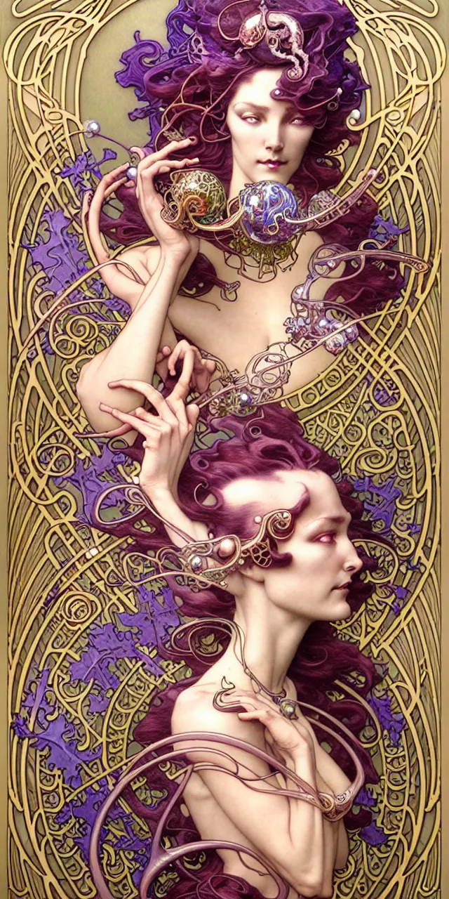 Image similar to beautiful art nouveau fantasy character portrait, ultra realistic, intricate details, the fifth element artifacts, highly detailed by peter mohrbacher, hajime sorayama, wayne barlowe, boris vallejo, aaron horkey, gaston bussiere, craig mullins alphonse mucha, art nouveau curves swirls and spirals, flowers pearls beads crystals jewelry goldchains scattered