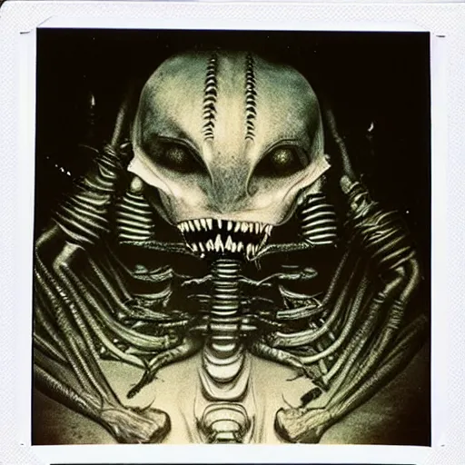 Prompt: Polaroid photo. Hidden. Approaching. Incomprehensible horror. Otherworldly. Impossible. Monster. Alien!! Terrifying. Unnerving. H R Giger. Extremely detailed. 4K.