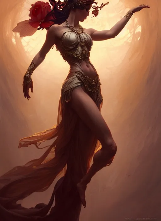 Image similar to dancer of the underworld, intricate, elegant, higly detailed, ultra definition, digital painting, artstation, unreal engine rendered, concept art, smooth, sharp focus, illustration, art by artgerm and greg rutkowski and alphonse mucha and garis edelweiss