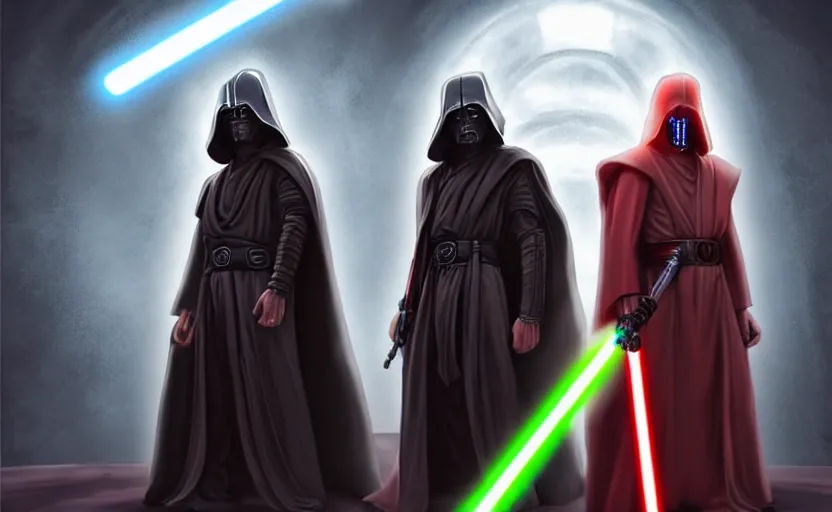Image similar to epic portrait of a robed Jedi and Sith standing back to back, lightsabers in hand, ancient High Republic stone temple environment, high contrast, 8k clean fantasy comic book cover illustration
