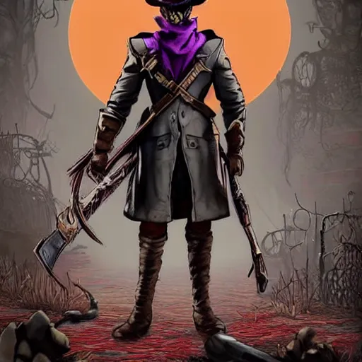 Image similar to an ultradetailed animation of darkwing duck dressed as the hunter from bloodborne, let's get dangerous, in the style animation of darkwing duck, digital art, dark fantasy, concept art, soulslike, by alphonse mucha, blood moon eclipse, wherewolves in a ruined building in the background, artstation, 8 k, unreal engine render