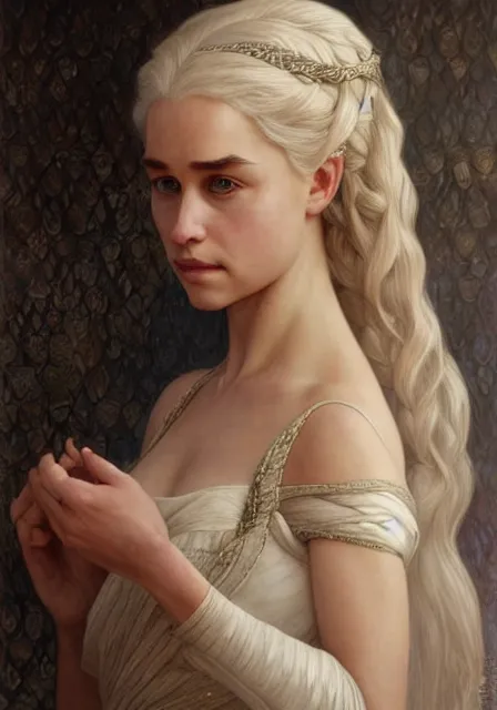 Prompt: daenerys angeline jolie, intricate, elegant, highly detailed, digital painting, artstation, concept art, smooth, sharp focus, illustration, art by artgerm and greg rutkowski and alphonse mucha and william - adolphe bouguereau