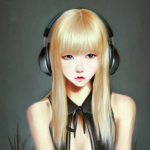 Image similar to realistic beautiful gorgeous natural cute Blackpink Lalisa Manoban blonde hair cute fur blonde cat ears, wearing camisole, wearing headphones, wearing black leather choker artwork drawn full HD 4K highest quality in artstyle by professional artists WLOP, Taejune Kim, Guweiz on Artstation Pixiv