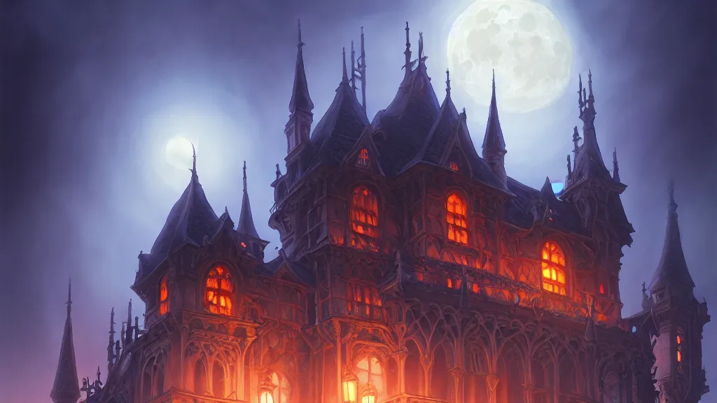 Image similar to foggy intricate gothic castle under the full moon, epic, intricate oil painting, high detail illustration, sharp high detail, manga and anime, official fanart behance hd artstation by jesper ejsing and makoto shinkai, 4 k,