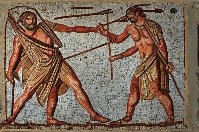 Prompt: ancient roman mosaic of the god mars with a spear