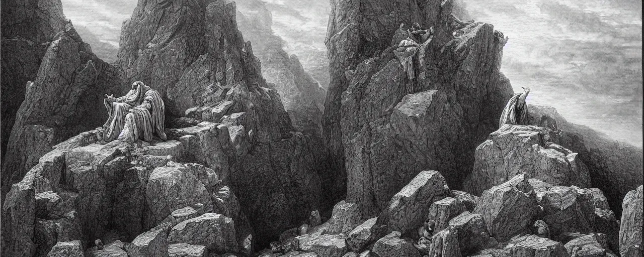 Image similar to medium shot of moses on top of a mountain holding up in the air two stone tablets, people below the mountain looking at him, photorealistic, highly detailed, texture, soft light, dramatic, moody, ambient, painting by gustave dore