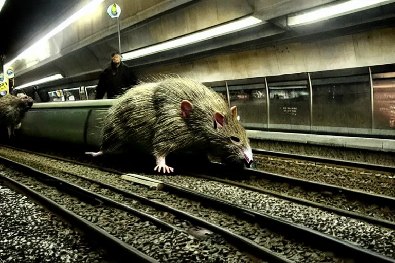 Image similar to very large giant mutant zombie irradiated rat sraying on railways in tonnel of moscow subway. extreme high detail. low dark light, night vision, scary atmosphere.