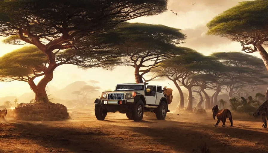 Prompt: mahindra thar driving through madagascar road with baobabs trees, animals running along, tribe members attacking, action scene, an epic fantasy, wide shot, trending on artstation, masterpiece, by greg rutkowski, by ross tran, by fenghua zhong, octane, soft render, ultrarealistic, colorful, cinematic, horizon forbidden west