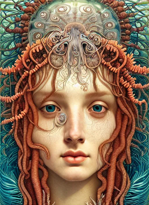 Image similar to hyperrealistic detailed underwater face portrait of the beautiful goddess of the jellyfish with an intricate headgear of corals, sea kelp, sea plants, fish, starfish, jellyfish, art by ernst haeckel, john william godward, android jones, alphonso mucha, gothic - cyberpunk, ornamental, beautiful deep colours,