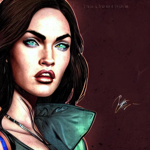 Image similar to megan fox portrait, borderlands, tales from the borderlands, the wolf among us, comic, cinematic lighting, studio quality, 8 k