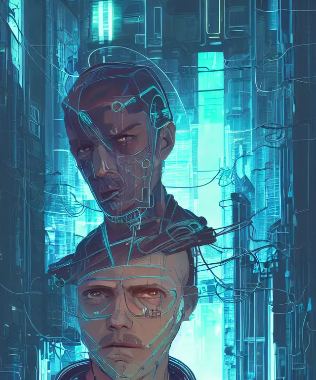 Image similar to a portrait of a male cyberpunk netrunner made of cables, fantasy, elegant, digital painting, artstation, concept art, matte, sharp focus, illustration, art by josan gonzalez