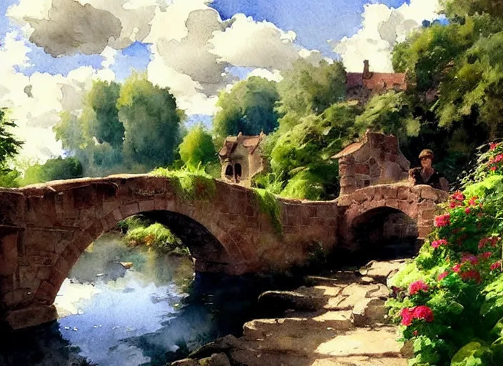 Image similar to watercolor of rustic stone bridge with mural, ivy, summer daylight, bright clear day, clouds, high detailed art by dennis miller bunker, work by anders zorn, wonderful masterpiece by greg rutkowski, beautiful cinematic light, american romanticism by greg manchess, creation by tyler edlin