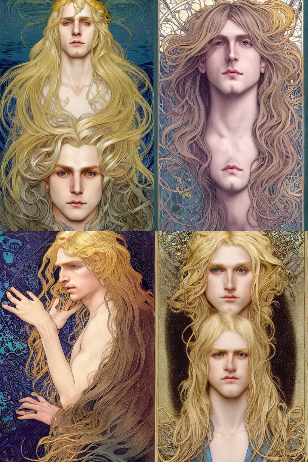 Prompt: realistic detailed face portrait of merman blond androgynous prince Lucius, long luxurious blond hair, very very very very silky light golden blond hair, extremely pale blond hair, by Alphonse Mucha, Ayami Kojima, Amano, Charlie Bowater, Karol Bak, Greg Hildebrandt, Jean Delville, and Mark Brooks, Art Nouveau, Neo-Gothic, gothic, rich scintillating bright white gold colors