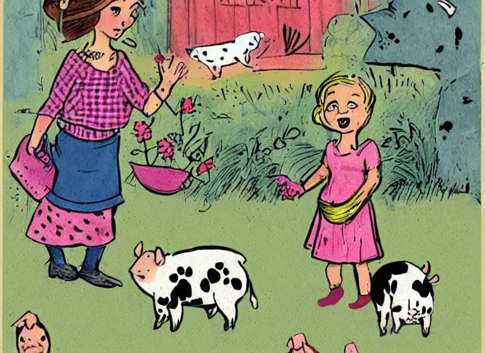 Prompt: antifa girl and a piglet and a duchess and a baby dalmatian hanging out in a garden. vintage comic style drawing