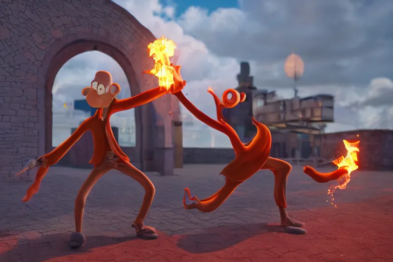 Prompt: squidward firebending outside at susnset, 3 d render