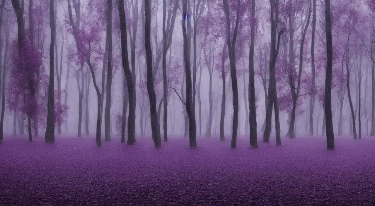 Prompt: Forest of purple trees at rainy day, realistic matte painting,