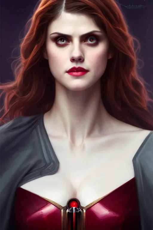 Image similar to alexandra daddario as scarlett witch, realistic portrait, symmetrical, highly detailed, digital painting, artstation, concept art, smooth, sharp focus, illustration, cinematic lighting, art by artgerm and greg rutkowski and alphonse mucha